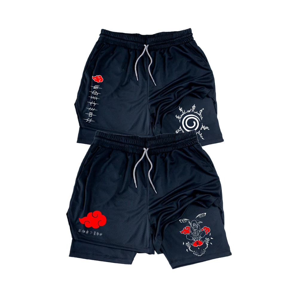 Kit 2 Shorts Dry-Fit Compressão 2 em 1 Esportivo Treino Academia Anime Shippuden Itachi Akatsuki Aldeias Personalizado