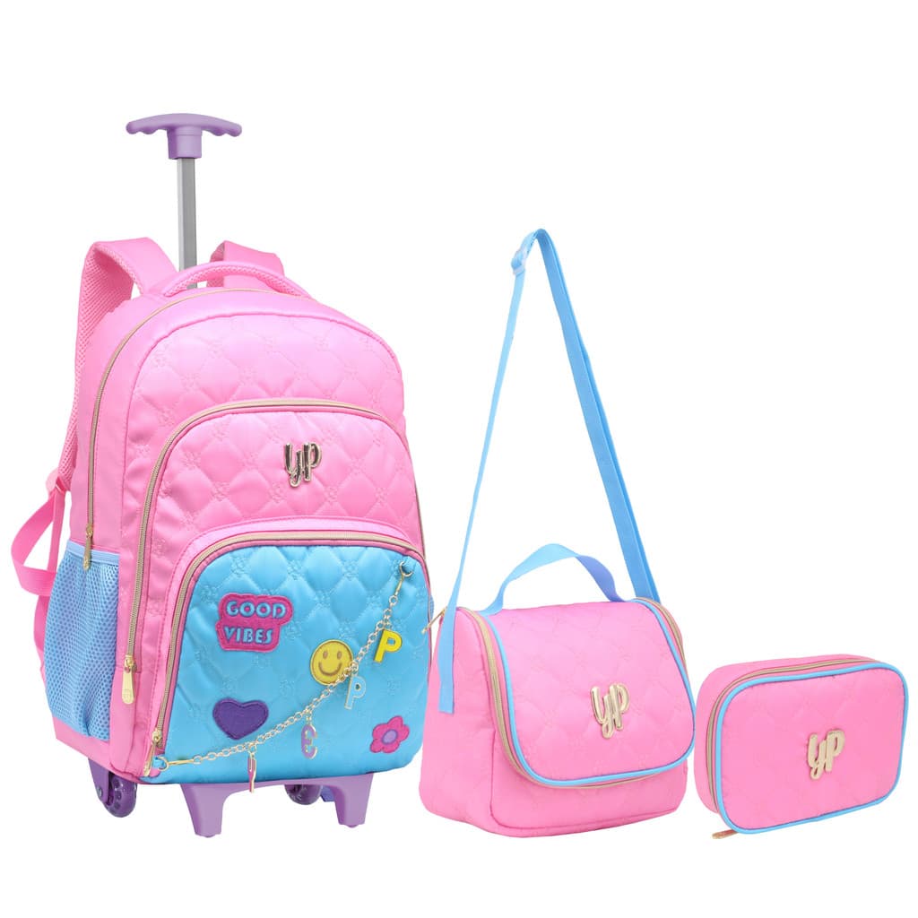 Kit Mochila Escolar Trolley Rodinha Good Vibes Rosa Juvenil