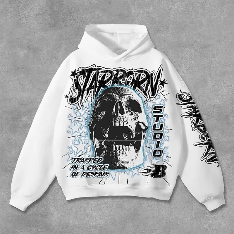 "Moletom HellxCity: O Nascimento da Estrela Caveira, Retro Vintage, Gráficos Impactantes e Estilo Streetwear!"