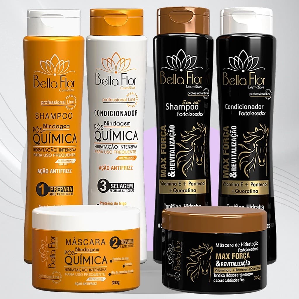 2 Kits Capilares Pós-Química e Max Força 6 Produtos Shampoo Condicionador Máscara Bella Flor Fortalecimento Brilho
