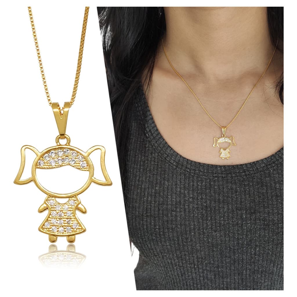 Colar Feminino Pingente Menina Cravejado Moda Delicado Lindo