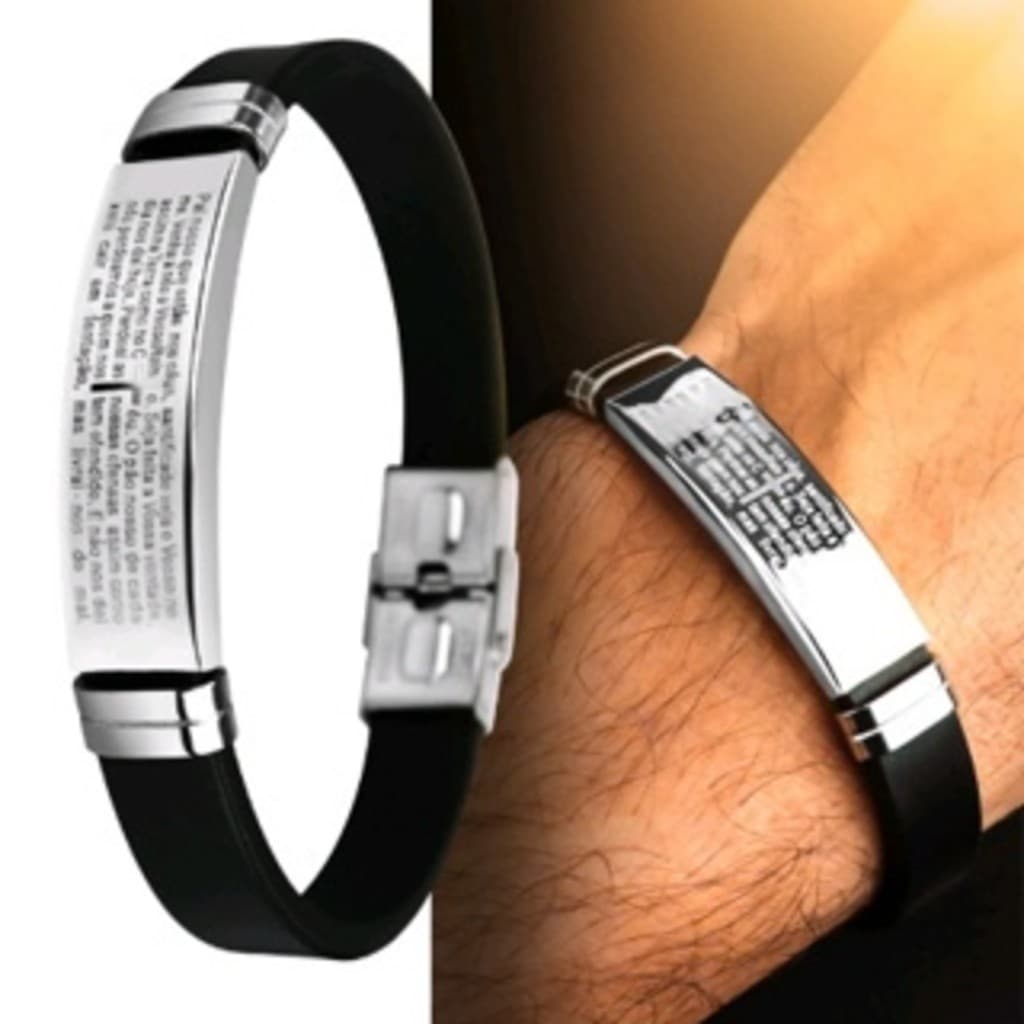 Kit até 12 Pulseira masculina ajustavel Pai nosso Borracha resistente Prata