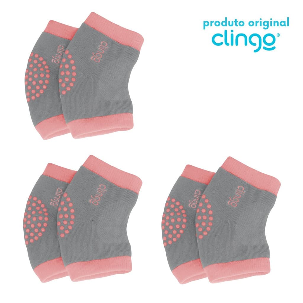3x Joelheira Antiderrapante Clingo Rosa/Cinza - Proteção Confortável para o Bebê Engatinhar