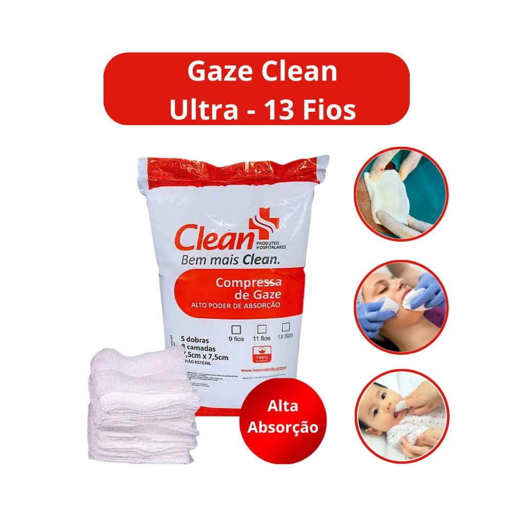 Compressa de Gaze 13 Fios Não Estéril 100% Algodão Material Hospitalar Primeiros Socorros Enfermagem - Clean Ultra
