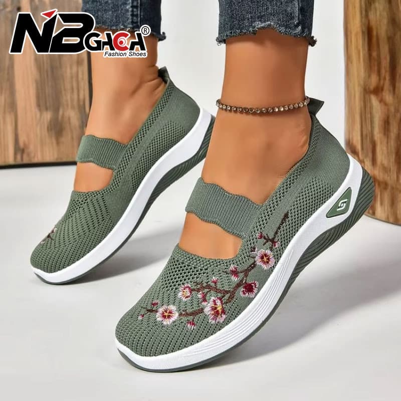 Tênis Para Mães Com Padrão Floral Da Moda , Sapatos Femininos Casuais De Malha , Respiráveis E Confortáveis