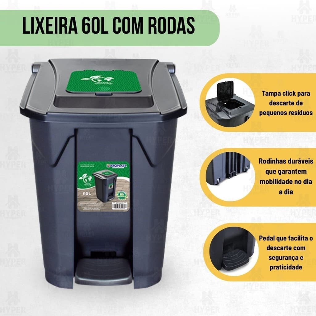 Cesto Lixeira Externa Carro Coletora 60L Preta com Rodas Rodinhas Prédio Cozinha Empresa C/Tampa Click e Pedal Arqplast