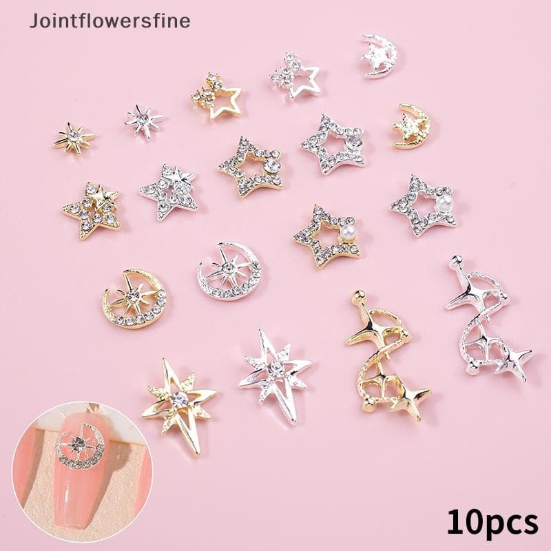 JTFF 10 Peças 3D Metal Oco Pentagrama Estrelas Cristal Amuletos De Unhas Estrela De Cinco Pontas Strass Decorações De Ar