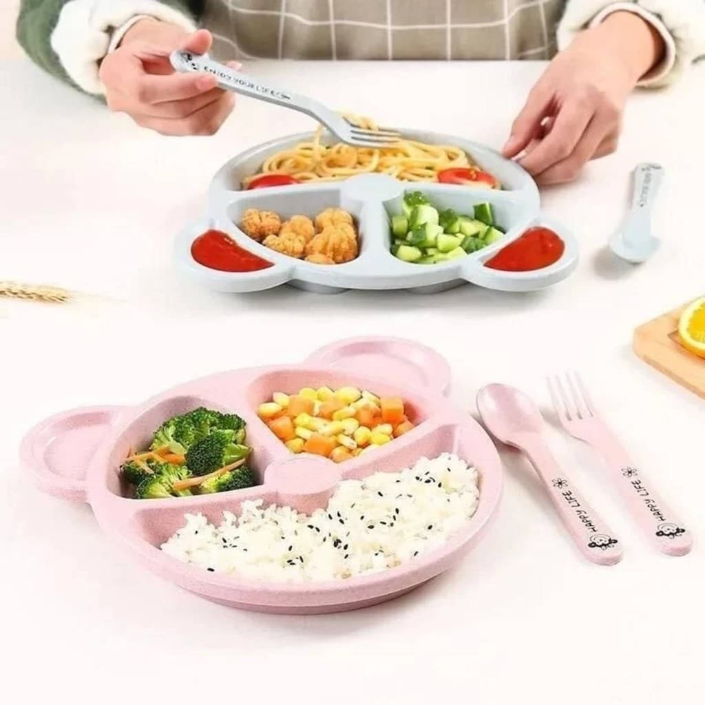 Prato Infantil Para Bebê com Divisórias e Talheres Urso Kit Alimentação Plástico Não Tóxico Introdução Alimentar