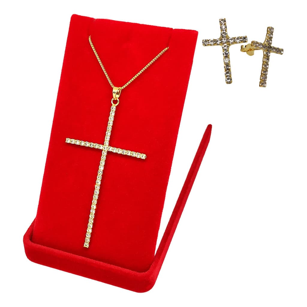 Conjunto Colar De Cruz Lindo Banhado À Ouro 750 + Brincos