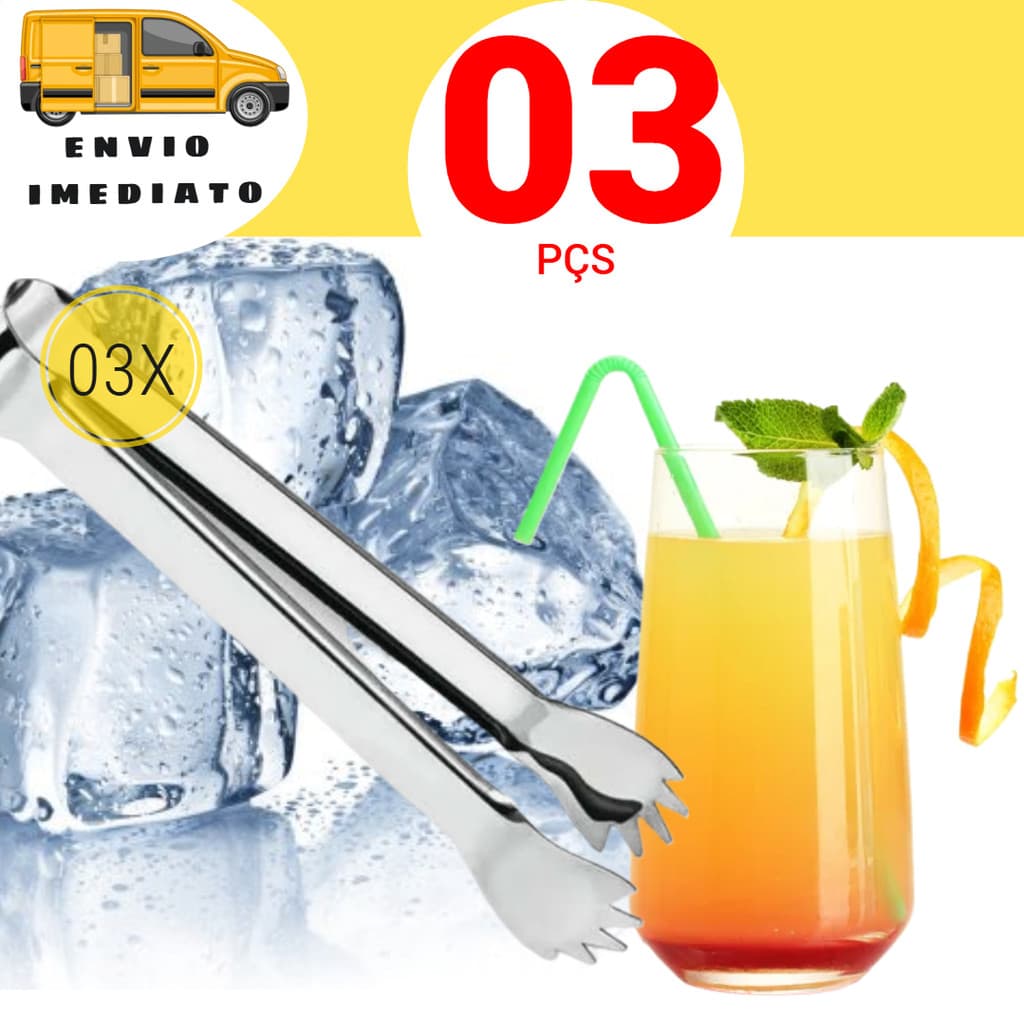 Kit 3 Pçs Pegador de Gelo e Alimentos Inox - Casa, Restaurante, Bar, Buffet, Churrasco e Cozinha