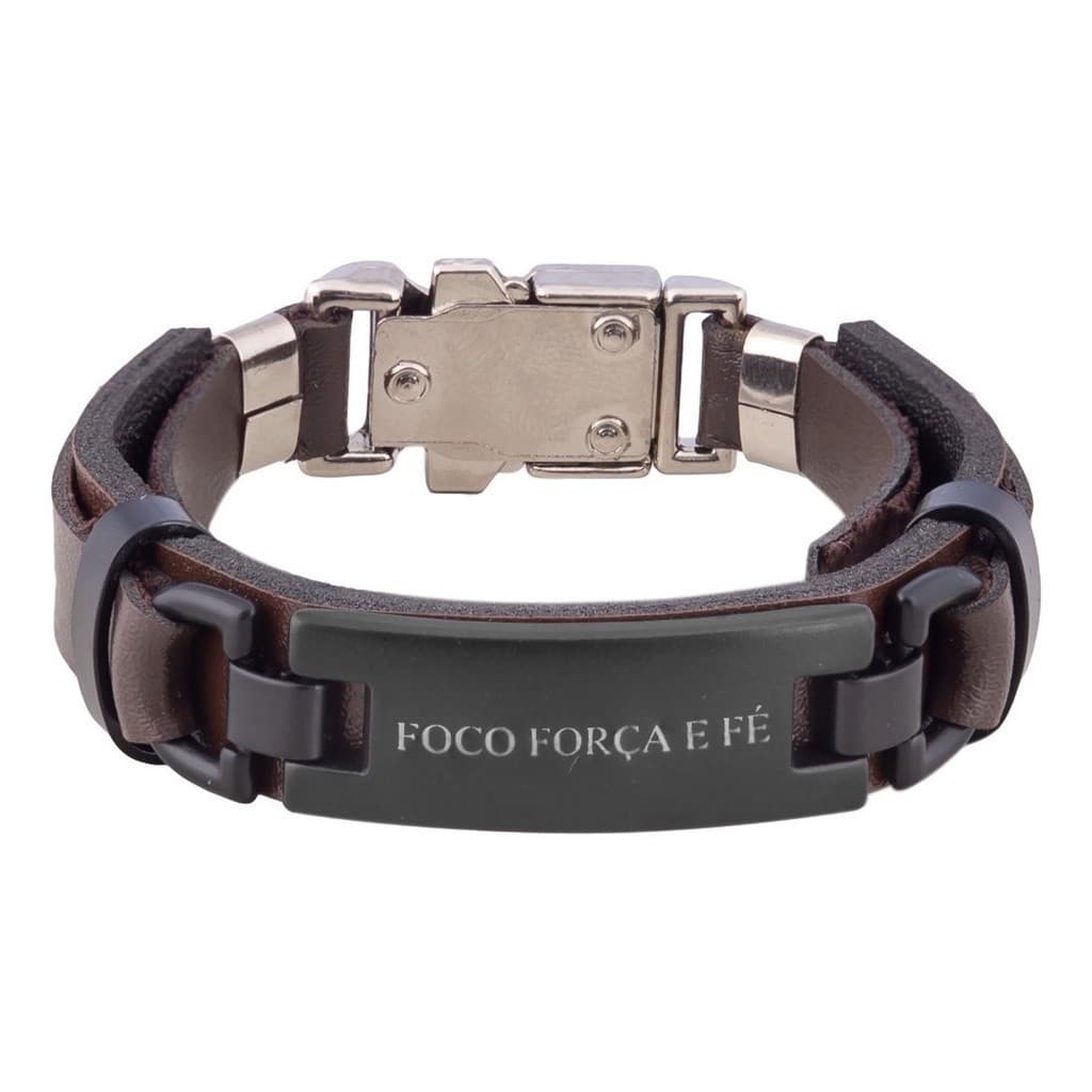 Pulseira Masculina Couro Marrom ou Preto Placa Fosca Foco Força E Fé