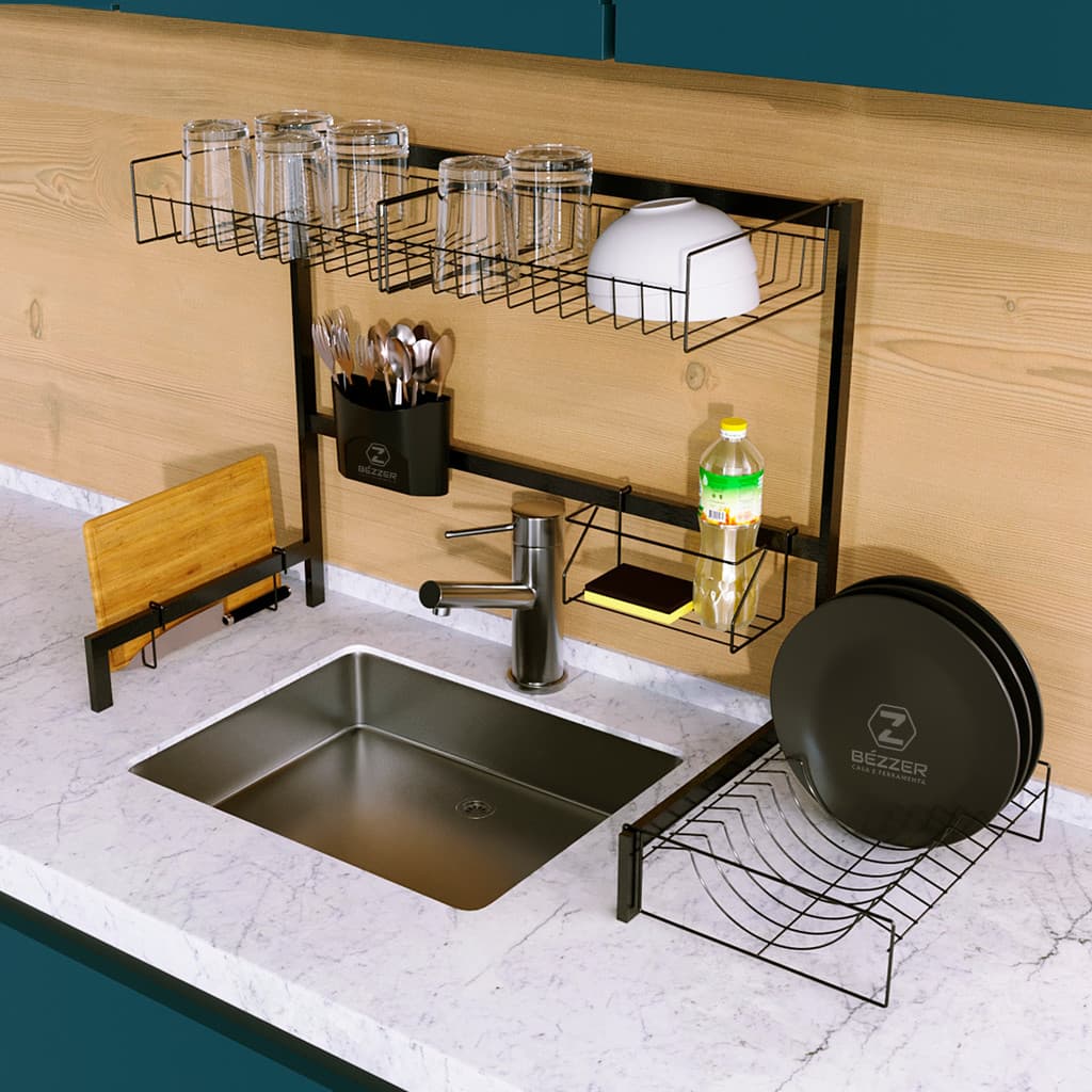 Escorredor De Louça Modular Suspenso Bézzer Delux Preto 63 cm Ajustável para 10 Pratos Cozinha