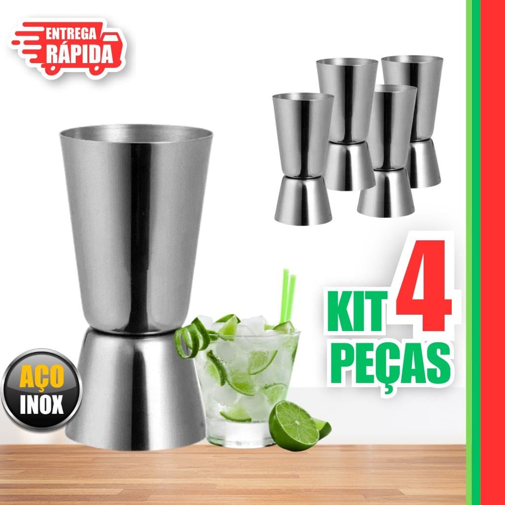 4 Dosador Duplo de Bebidas Inox de 50ml e 25ml Profissional p/ Drinks e Caipirinhas bebidas