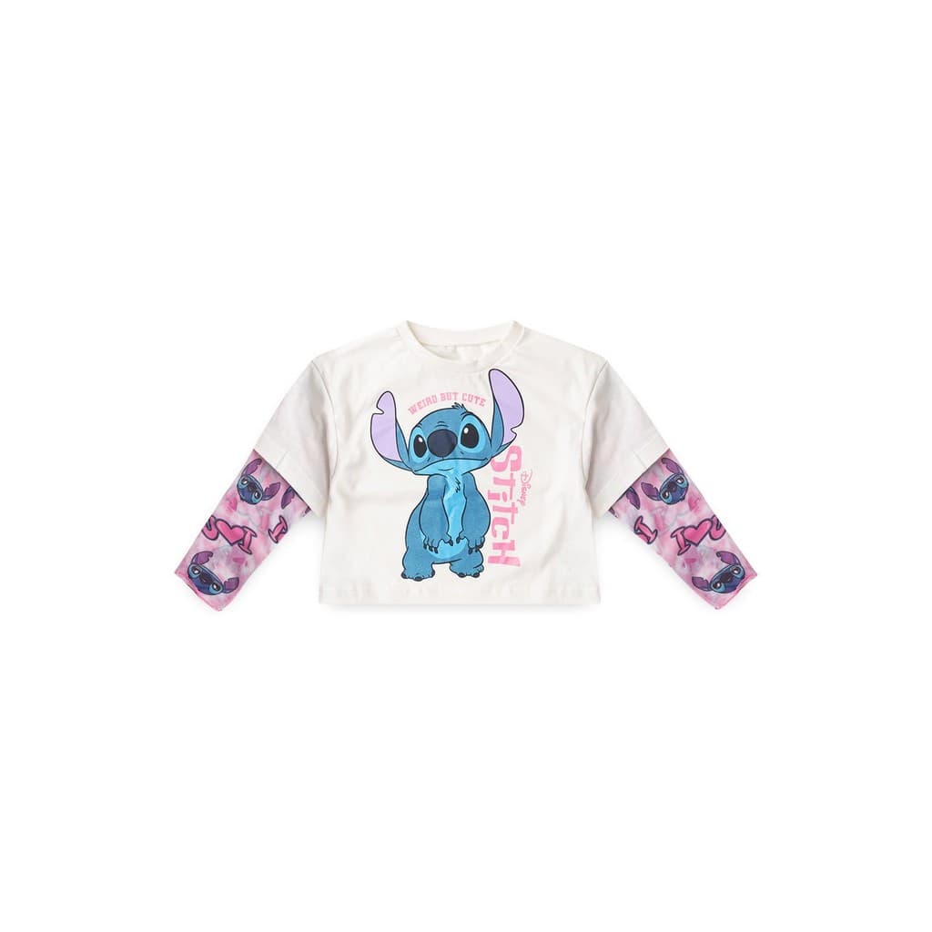 Blusa Box Manga Longa Infantil Feminino Stitch Off White