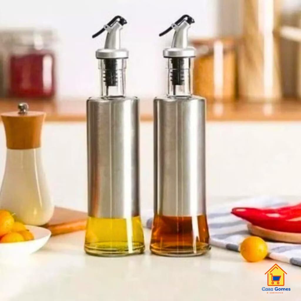 Kit 2 Galheteiro Azeite Vinagre 300 Ml Vidro Aço Inox Dosador