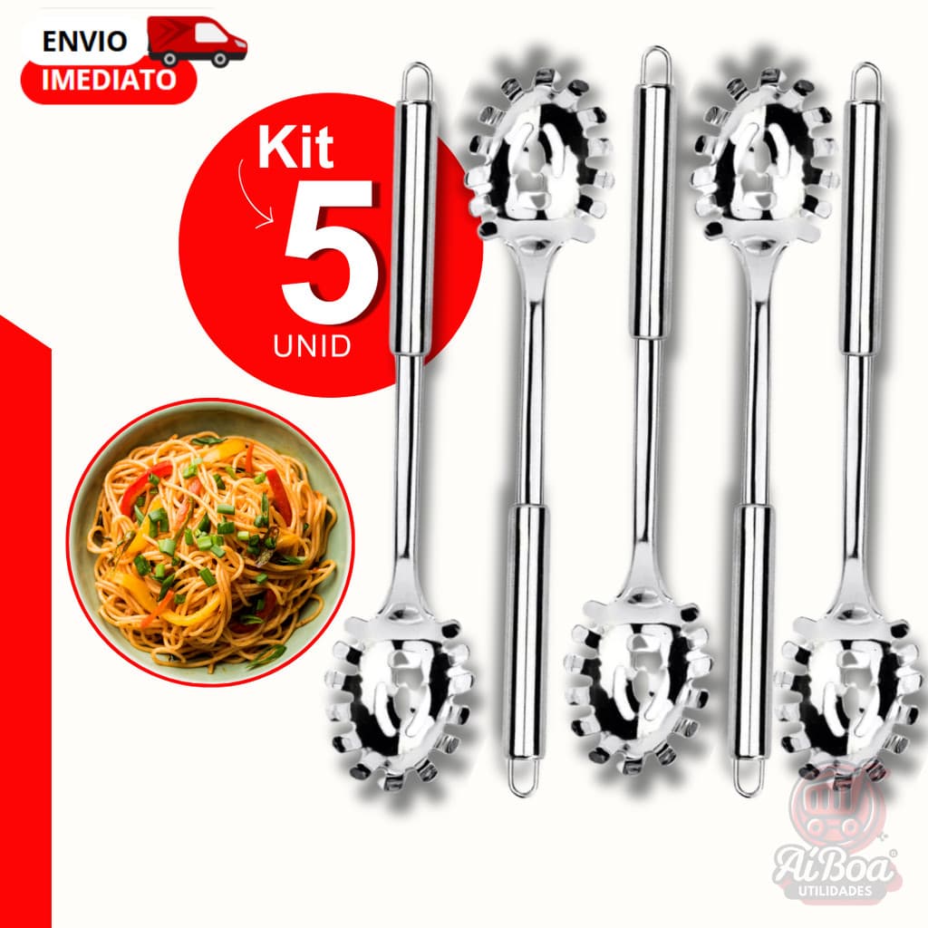 Kit 5, 3 ou 1 peça - Pegador de Macarrão Inox com Dentes – Tipo Colher para Servir Massas