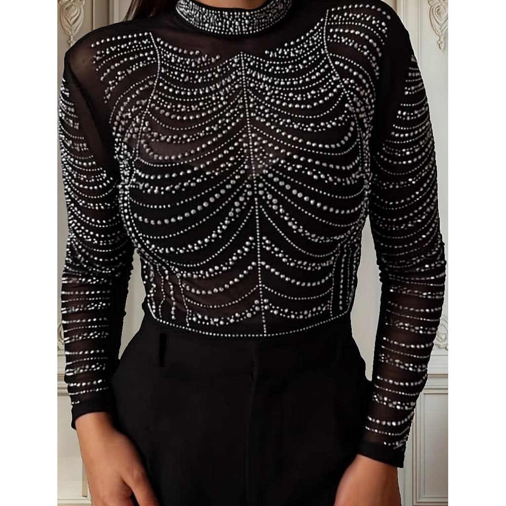 Blusa Cropped Gola Alta Tule Decorado Com Brilho Strass Luxo