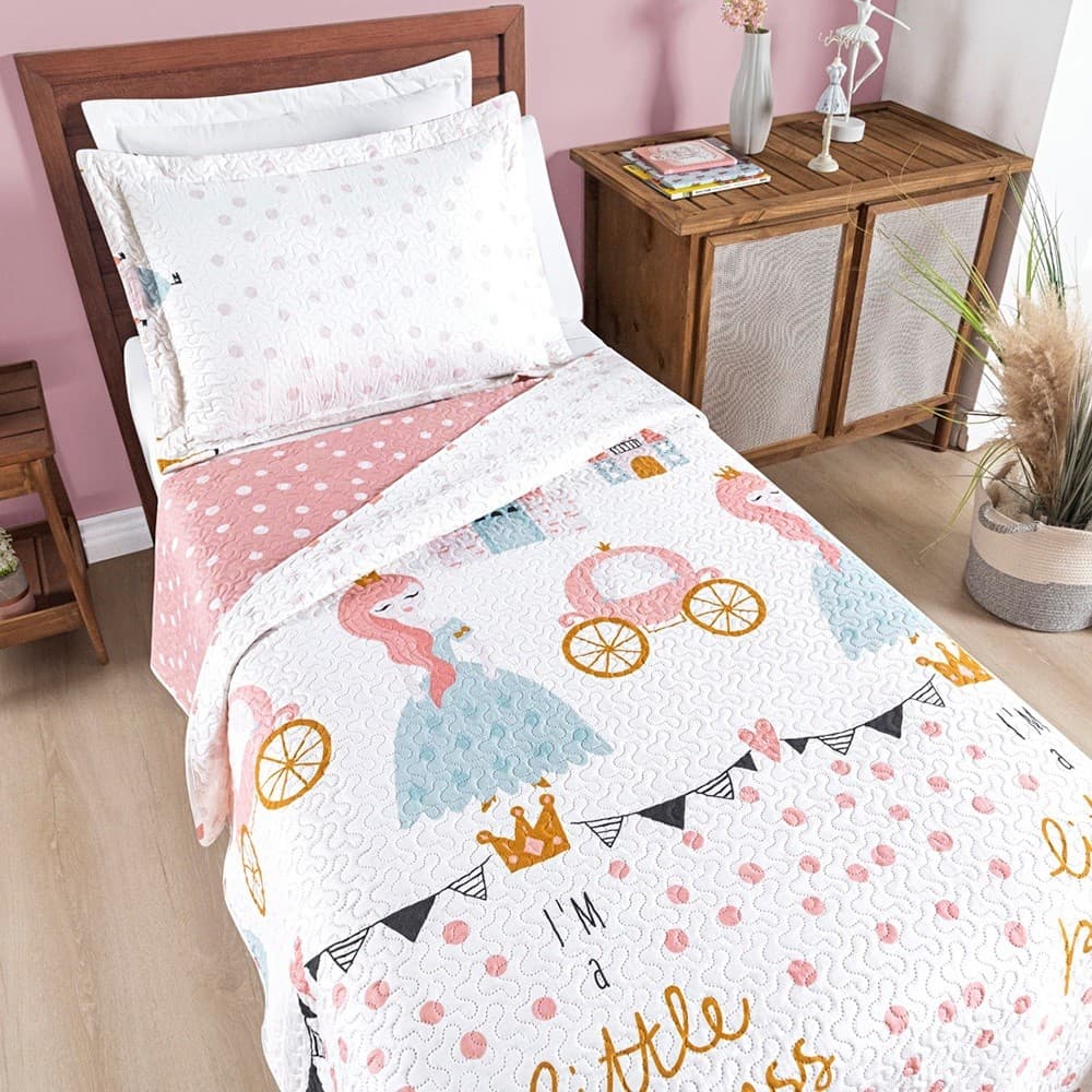 Colcha Bouti Cobre Leito Solteiro Infantil Dupla Face Estampado Little Princess Princesa 2 Pecas Conforto Macio Enxoval