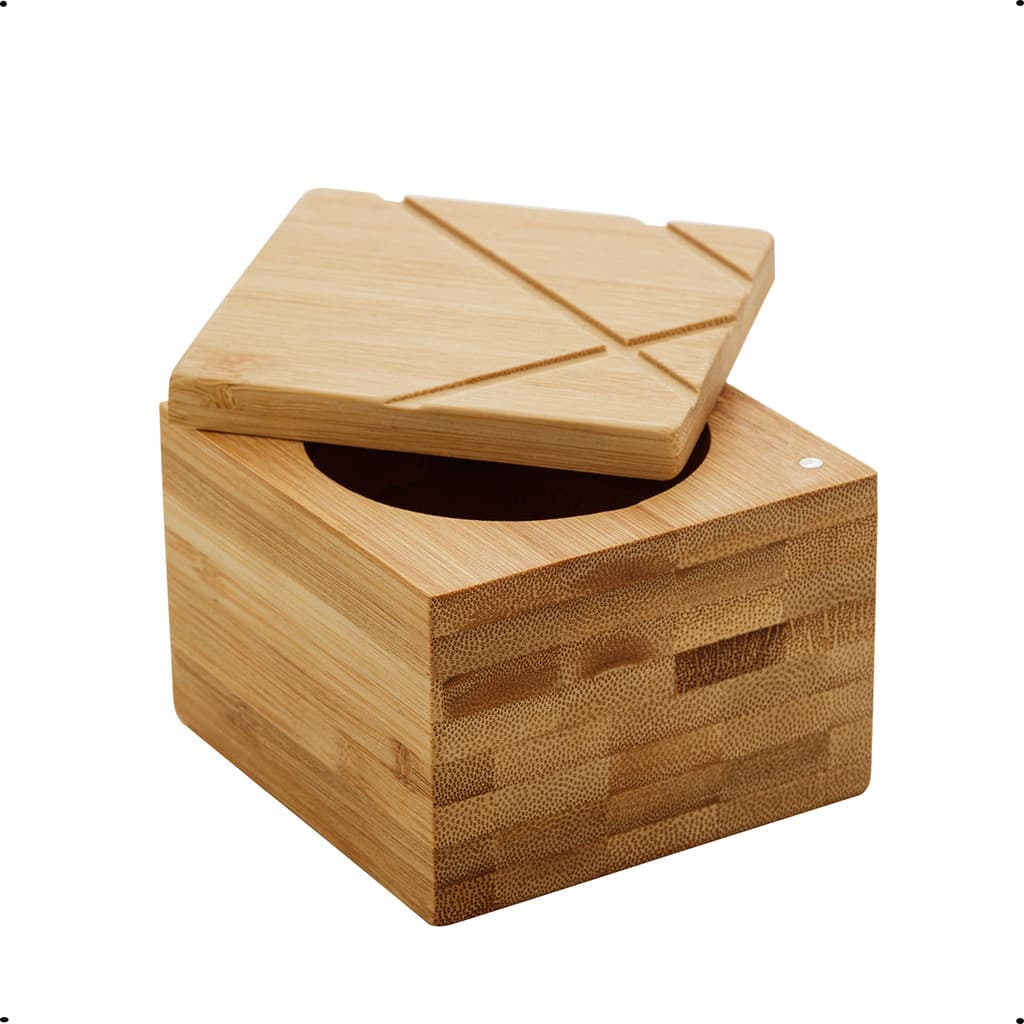 Saleiro Quadrado com Tampa Bambu 9cm – Design Funcional para Mesa e Cozinha