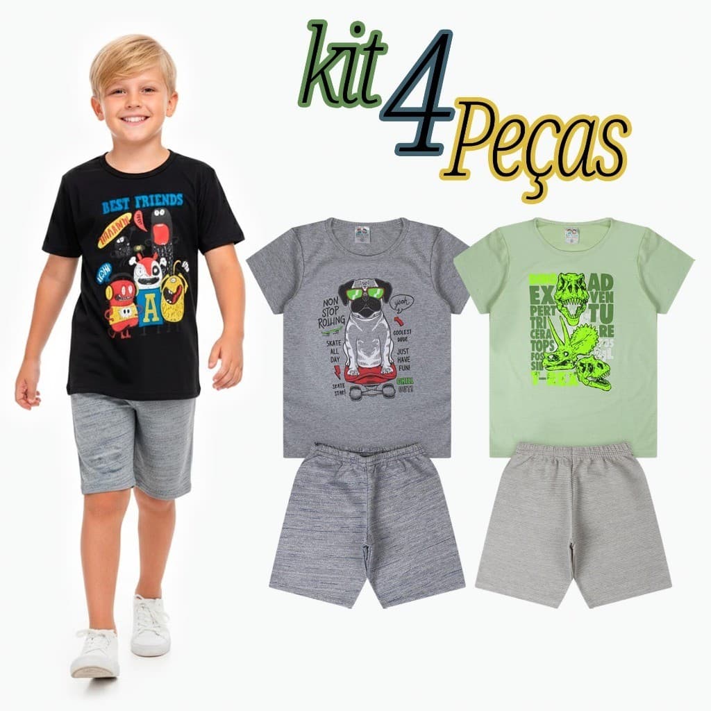 Kit Sortido 2 conjuntos de Roupas Masculino Infantil Verão – 2 Camisetas + 2 Bermudas Tamanhos 2 ao 16