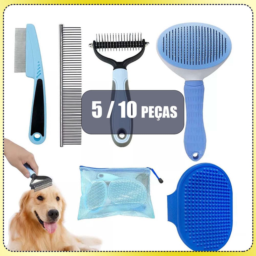 Escova para animais de estimação Escova para remoção de pêlos soltos Pente reto Escova para banho Kit 5/10