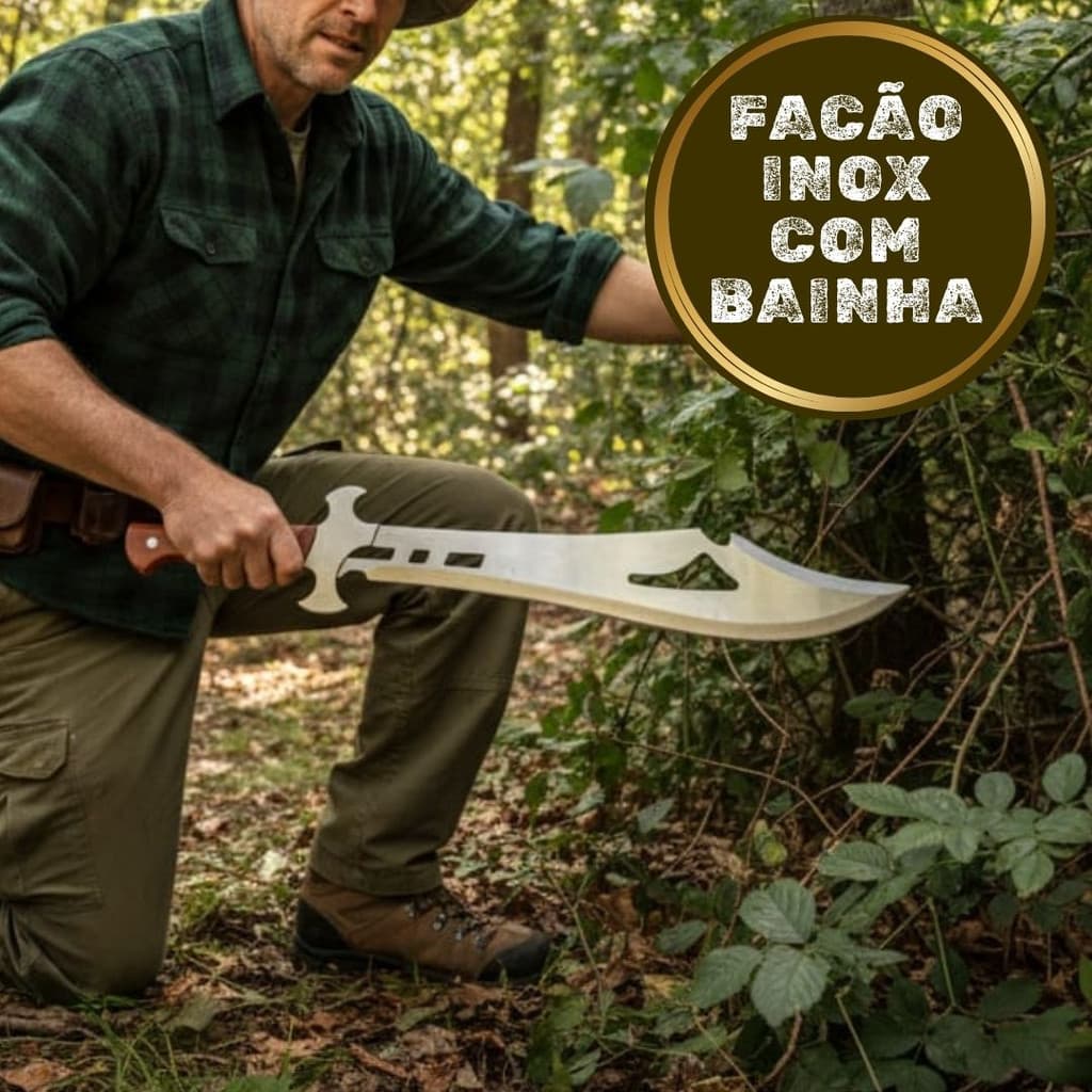Facão Aladin Inox Lamina Detalhada Super Afiada Camping Trilha Pesca + Bainha