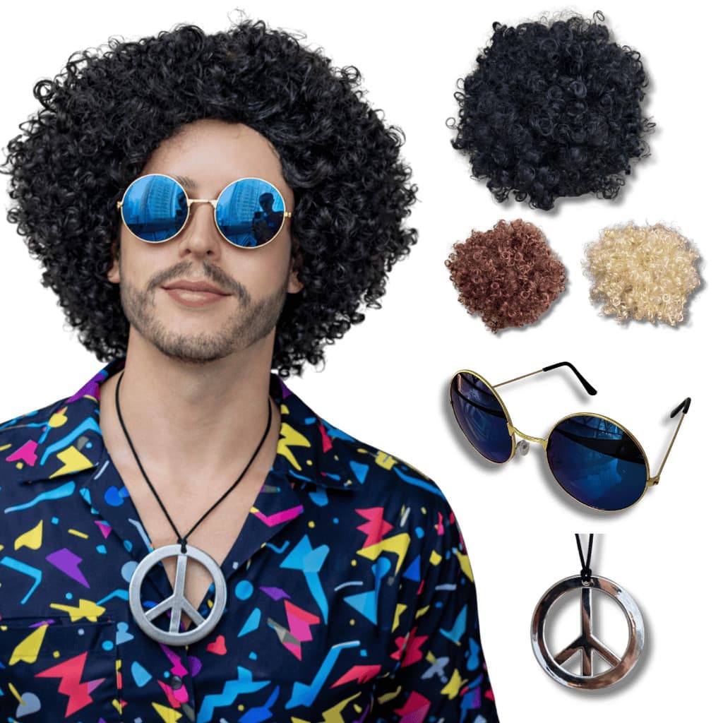 Peruca Hippie Afro Retrô colar e óculos festa anos 50 60 70