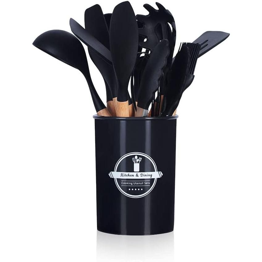 PRETO - Conjunto de Utensílios de Cozinha 12 Peças - Silicone e Cabo de Madeira