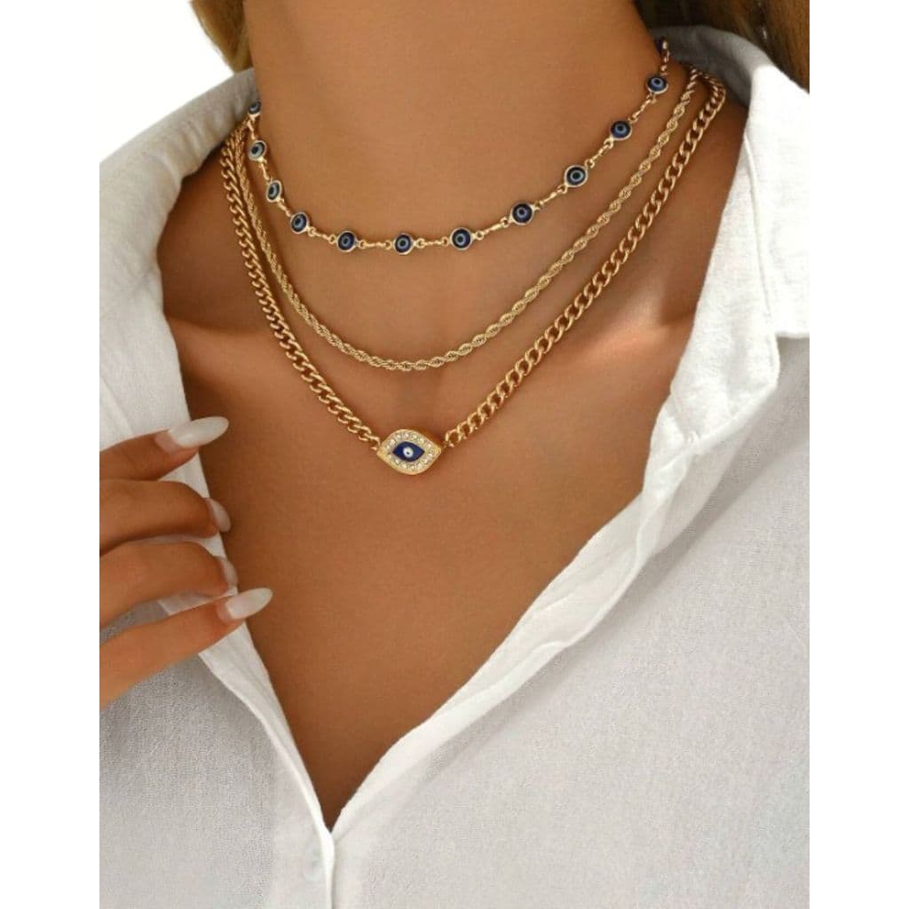 Conjunto de 3 Colares Joia com Pingente Olho Grego Dourado