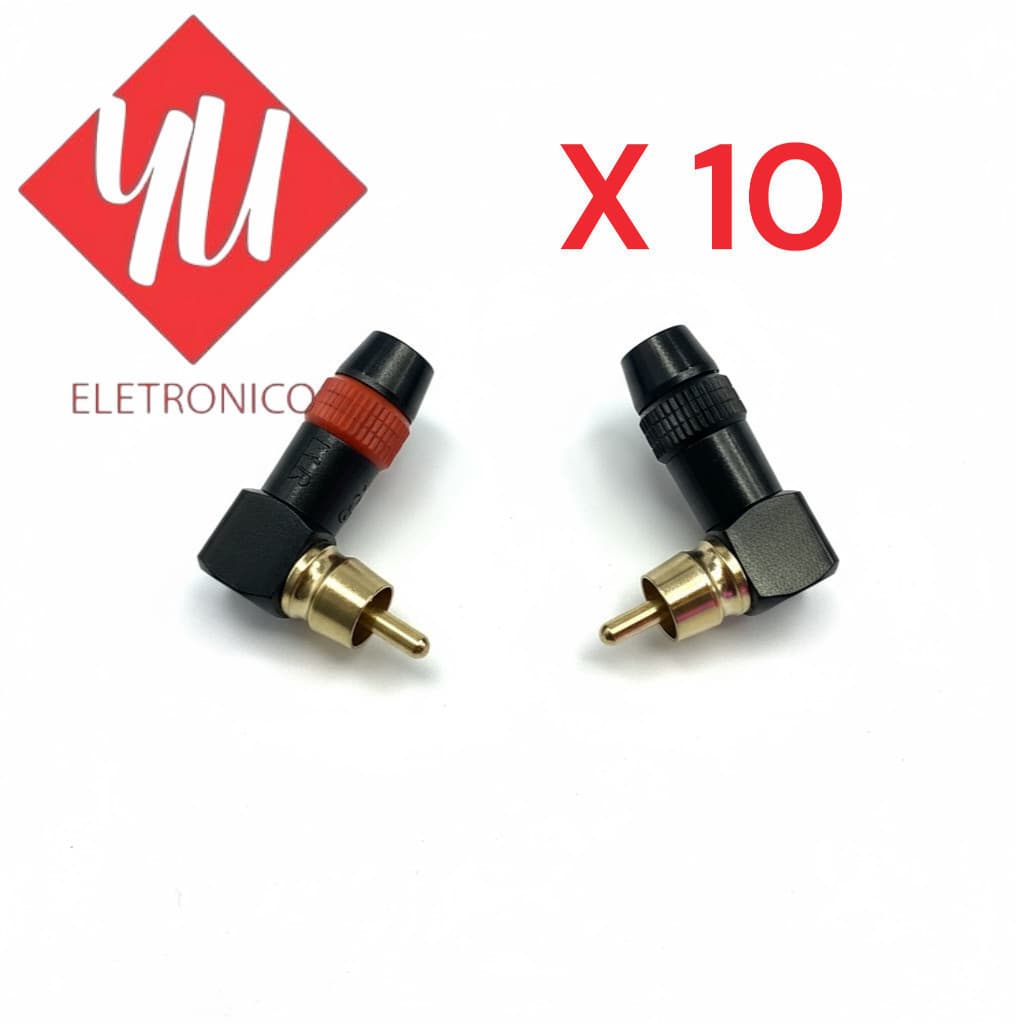 kit 4  Conector RCA Macho 90 Graus Dourado para Solda Áudio Vídeo Vermelho Preto