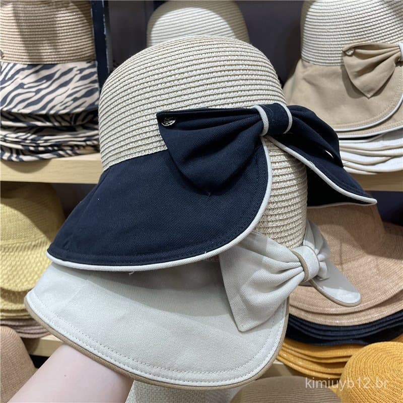 Chapéu de Palha Elegante Feminino Estilo Retrô Francês com Laço, Aba Larga, Chapéu de Pescador, Proteção Solar para Féri