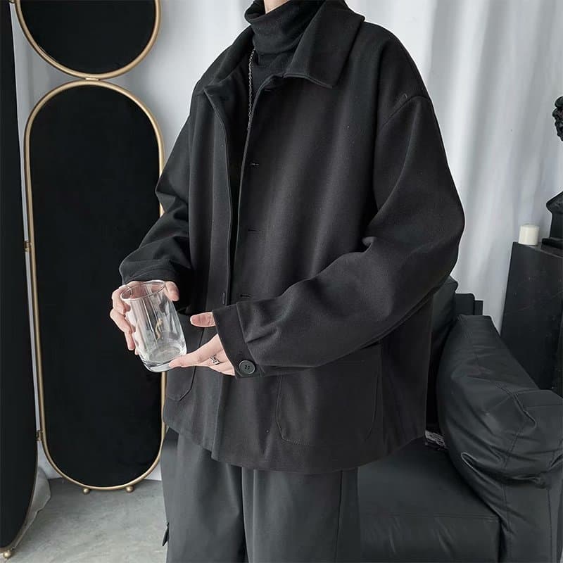 Outono inverno jaqueta de lã masculina estilo Hong Kong chique solto versão coreana preto Street Wear bonito estilo brit