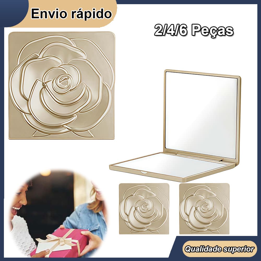 Espelho de maquiagem quadrado em formato de rosa, espelho de maquiagem requintado, espelho de viagem, 7.2x7.2cm, dourado