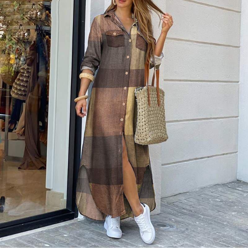 Vestido Camisa Solto de Manga Longa com Decote em V, Botões e Estampa Casual, Vestido Longo para Escritório para Mulhere