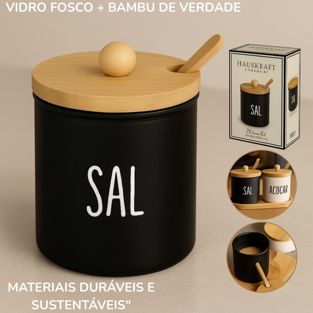 Saleiro ou Açucareiro com Tampa Colher e Bandeja de Bambu Preto de Madeira