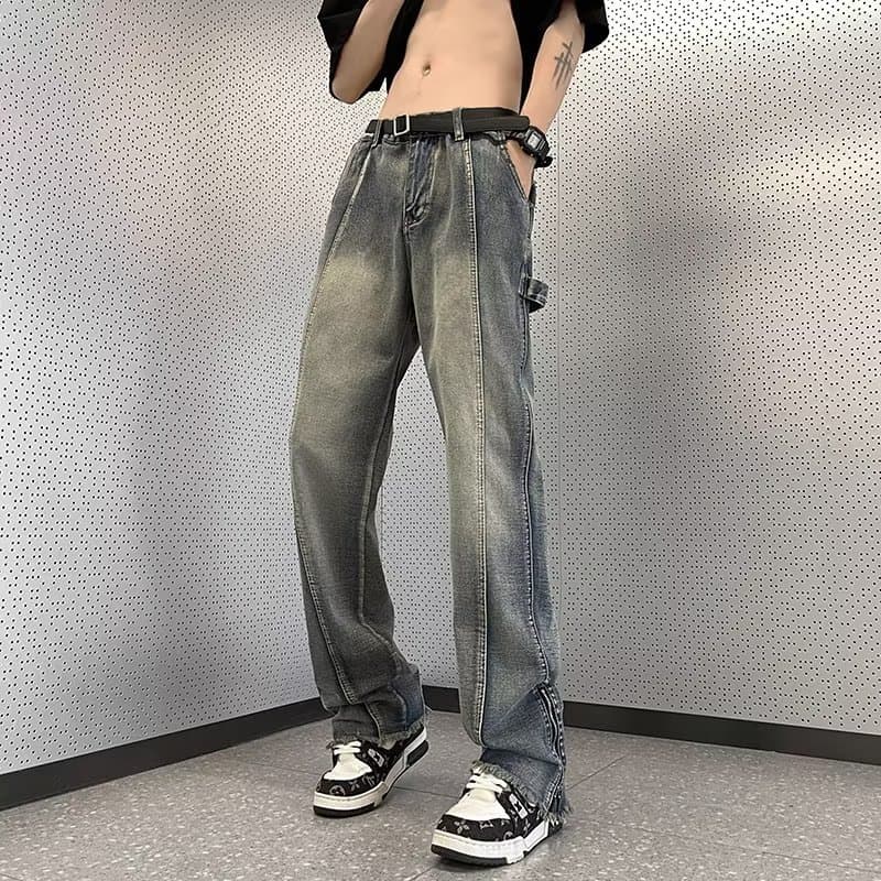 Borda crua desgastada Jeans masculino verão americano Retro oversize zíper calças street Wear High street calças retas