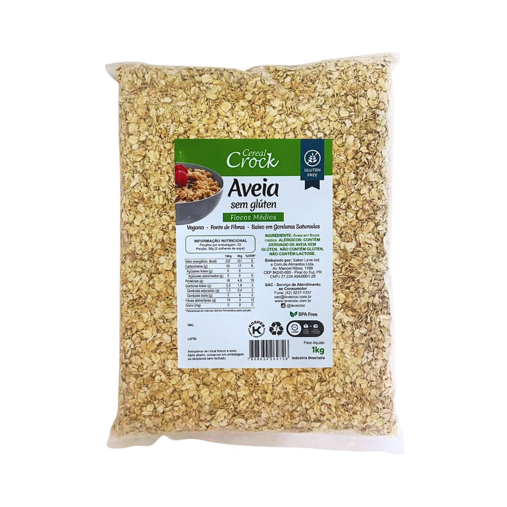 Aveia em Flocos Médios Sem Glúten 1kg Cereal Crock 🌱