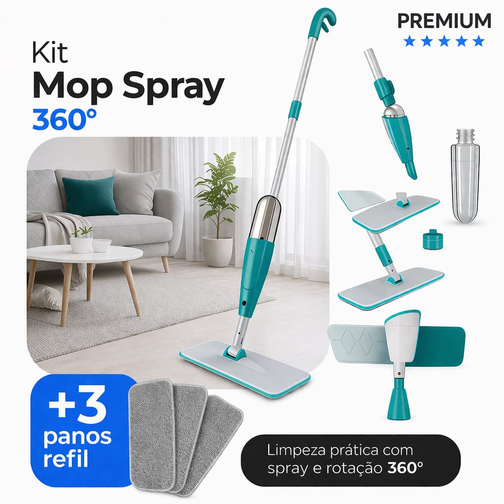 Mop Spray Magico 3 em 1 Com Reservatório Rodo De Limpeza Refil Microfibra Giratório 360º