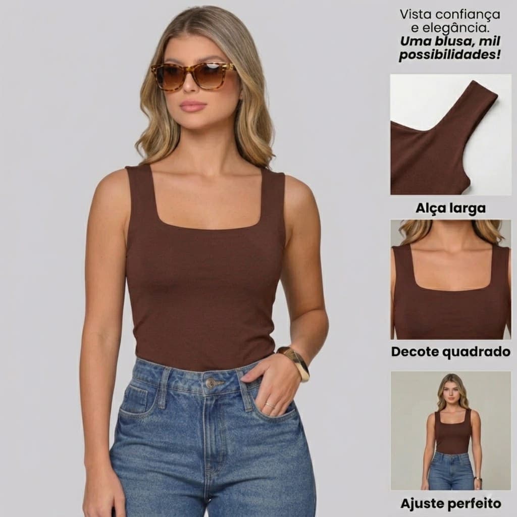 Regata Feminina Suplex Não Marca Gola Quadrada Forro Duplo Preto Branco Marrom Vinho