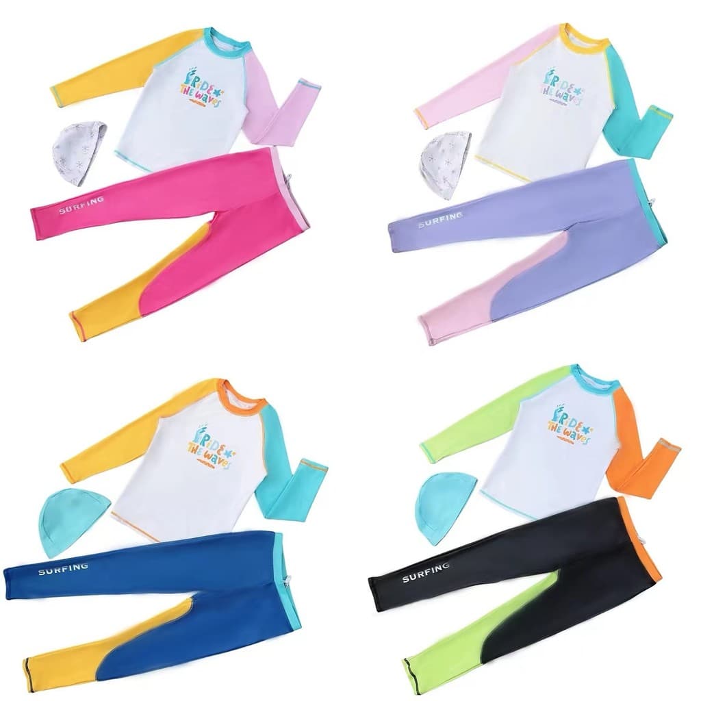 Âmbar crianças dividir maiô terno meninos meninas protetor solar de secagem rápida moda cor combinando surf livre touca