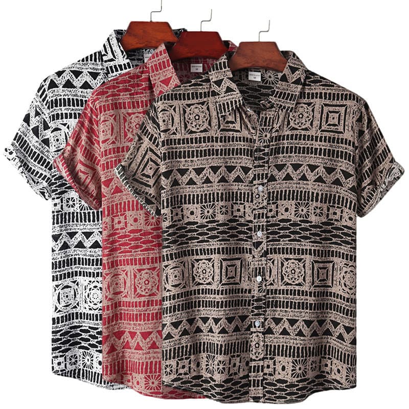 Camisa Masculina Plus Size Solta Verão Manga Curta Vintage Geom