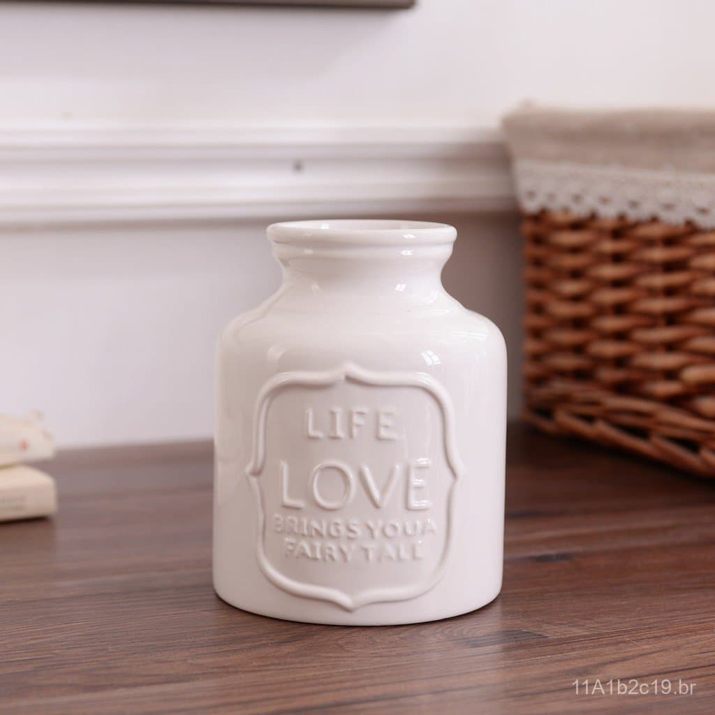 Vaso branco de estilo antigo para decoração de casa com letras em relevo, ornamento criativo e nostálgico nº 2.