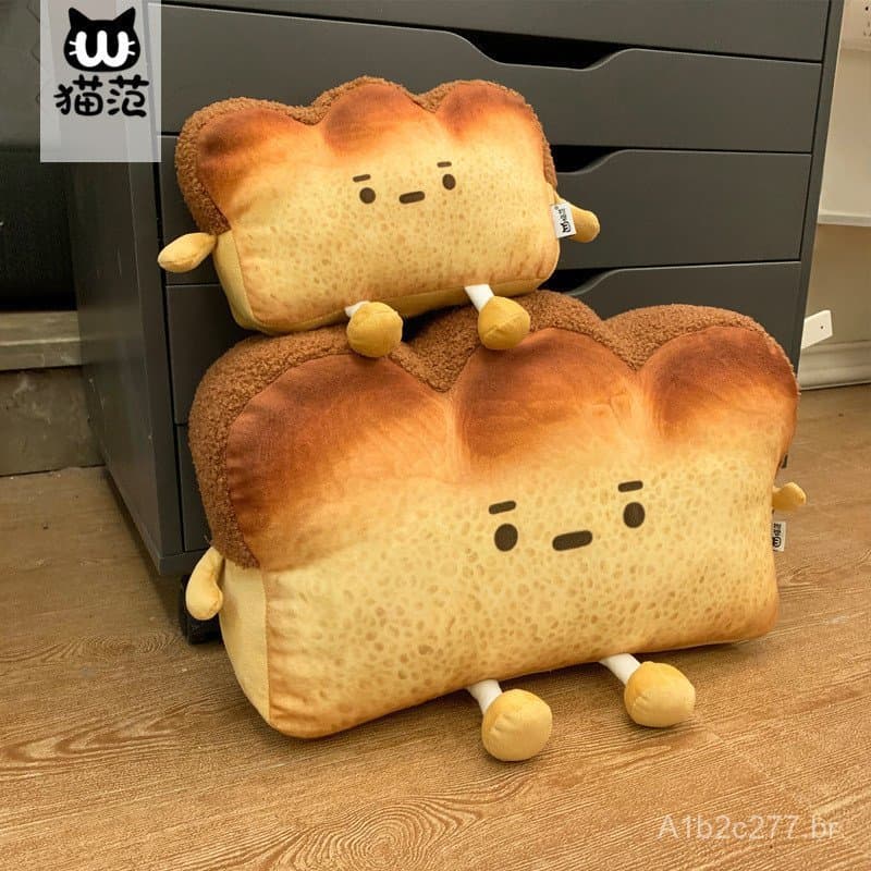 Almofada de pão com expressão fofa e tema de gato, almofada de sofá em formato de torrada de desenho animado, brinquedo