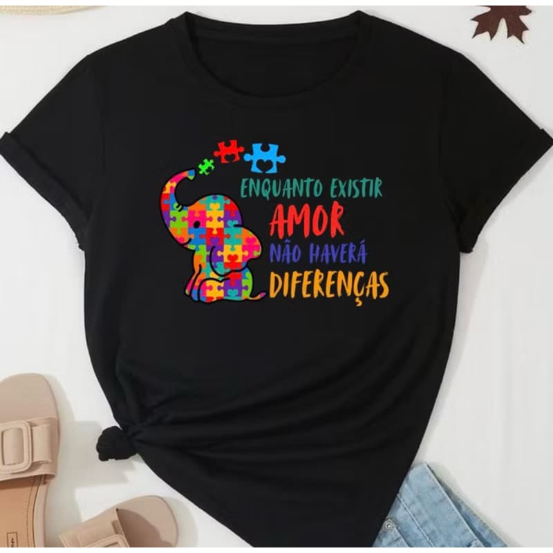 T-Shirt Feminina Estampada Autista Camiseta Autismo Enquanto Existir Amor Camisa Unissex Inclusão
