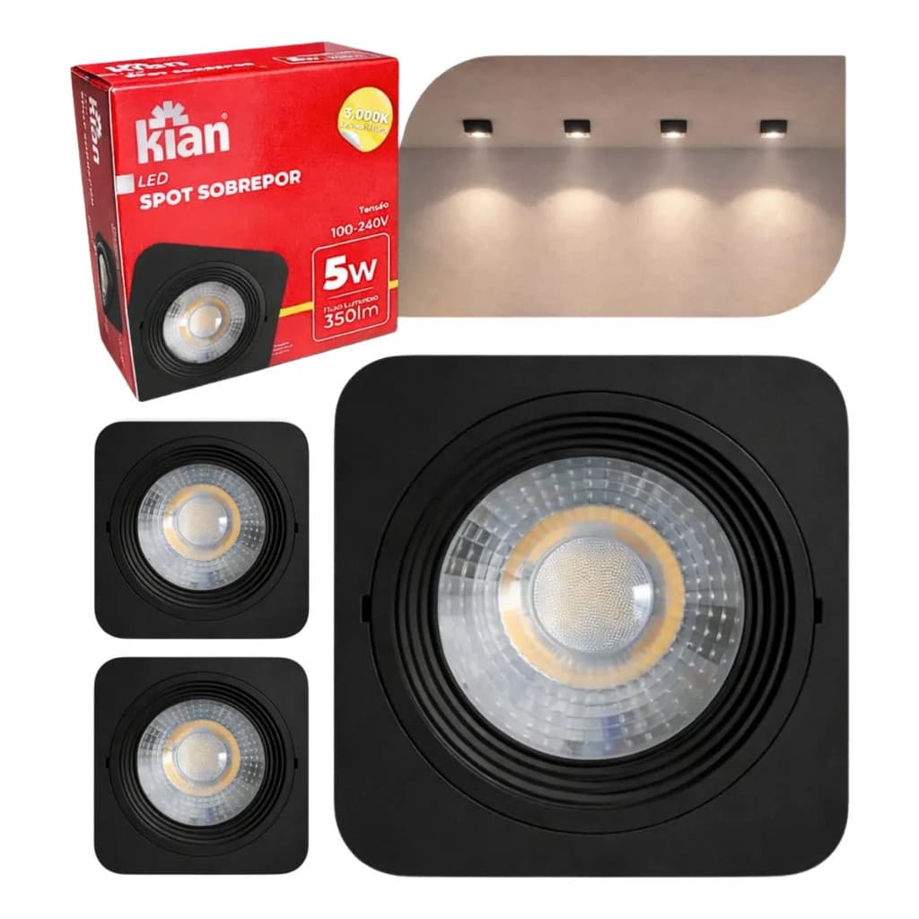 Kit 3 Spot Led Sobrepor Quadrado Preto 5w 3000k Kian