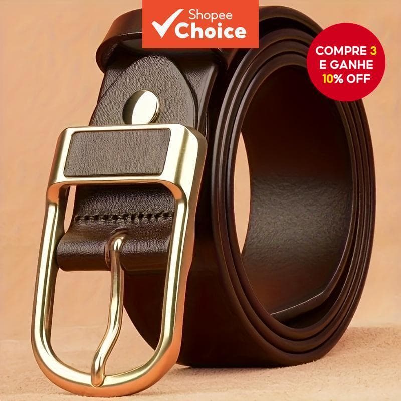 Cinto Masculino Marrom Couro Legítimo, Fivela Metálica Vintage Ouro | Cinto de Cintura para Ocasiões Formais e Casuais,