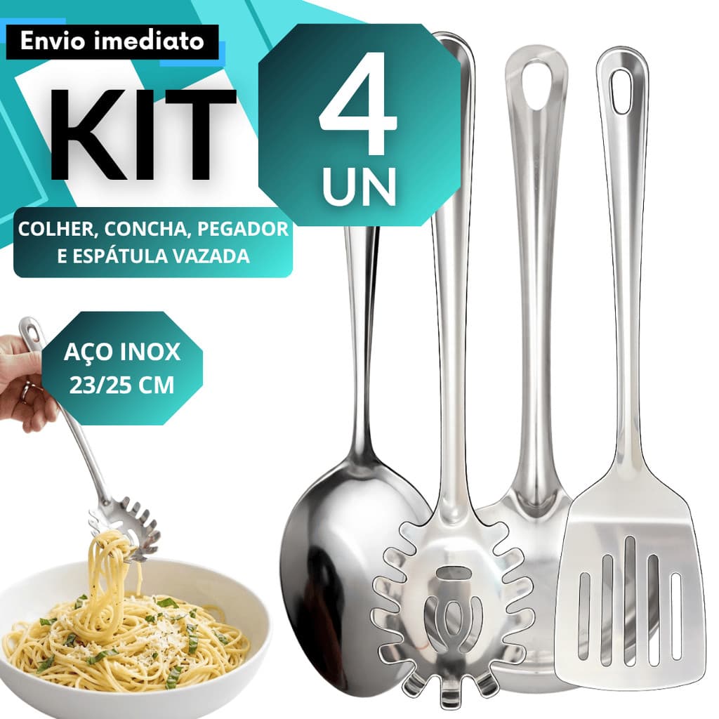 Conjunto 4P Aço Inox Colher Concha Pegador e Espátula Vazada Restaurante Buffet Self Service Dia a Dia