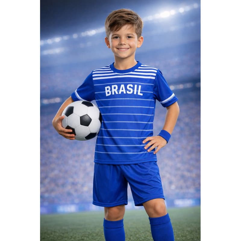 Conjunto Infantil Copa Do Mundo Brasil Menino Menina Roupa Azul e branco  listrado Torcer Futebol