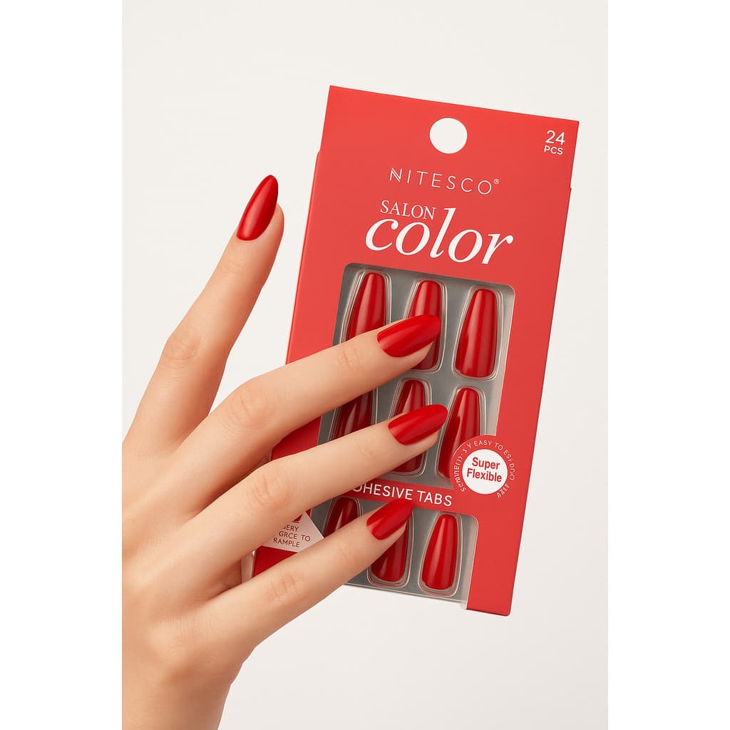 Kit 3/4/12un Pacotes Unhas Posticas Nitesco Cor Vermelho - Elegante e Delicado Uso Diario