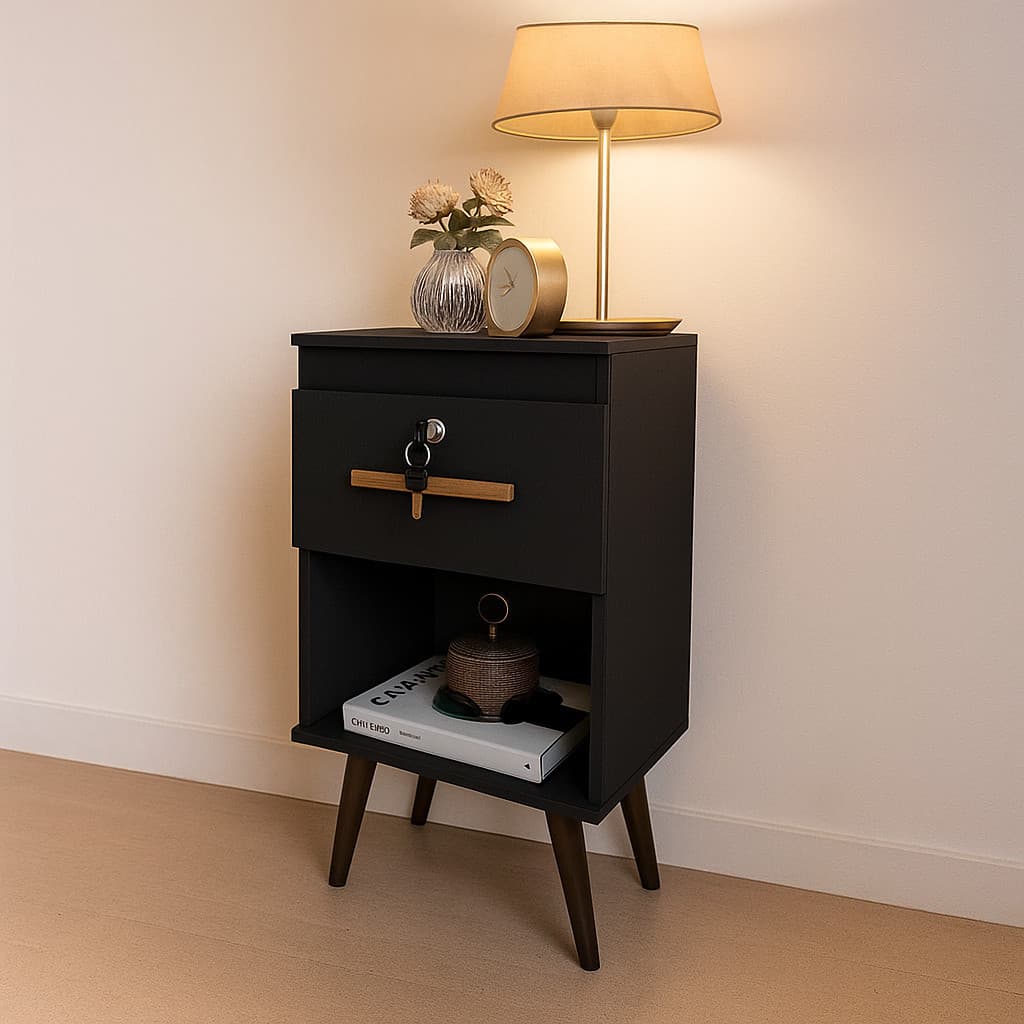 Mesa De Cabeceira com 1 Gaveta Chave e Pes Retro - Design Moderno e Funcional para Quarto Cor Preta